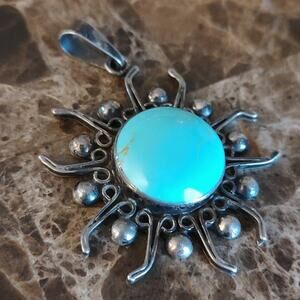 Vintage Mexican Silver Turquoise Sun Pendant 925
